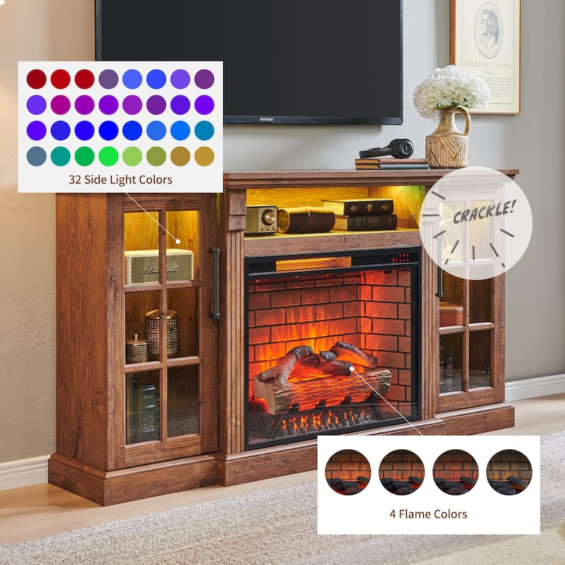 TV Stand with Storage Cabinets, Entertainment Center with Adjustable LED Sidelights, Media Console with Realistic Flames