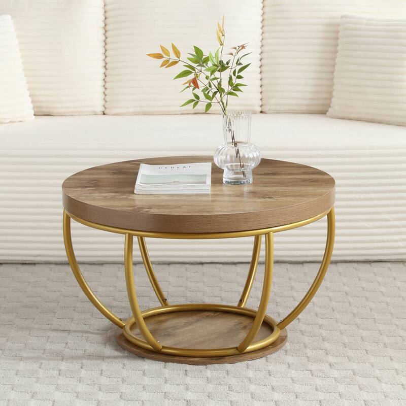 31" Round Industrial Coffee Table with 2-Tier Storage Shelves, Modern Wood & Golden Metal Accent Center Table - Golden
