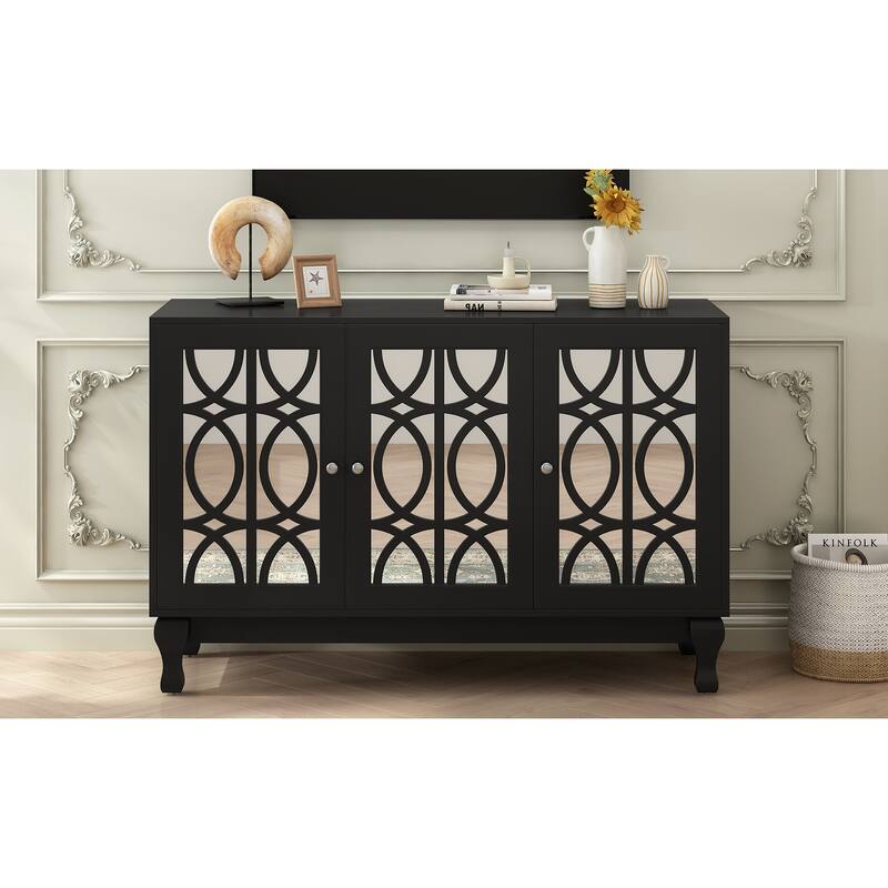 47" Mirrored TV Console for TVs up to 55", Floral Pattern Cabinet with Solid Wood Legs, 3-Door Storage & Adjustable Shelves