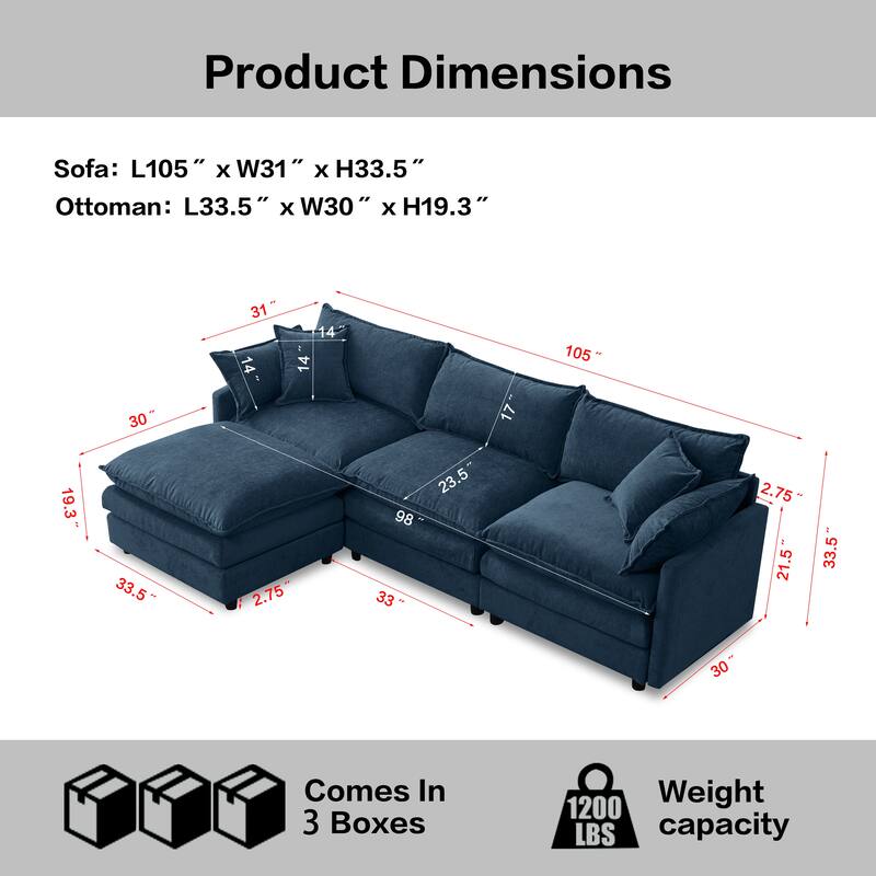 105" L-Shaped Modular Sectional Sofa with Ottoman, Soft Chenille Upholstery, 3-Seater Couch