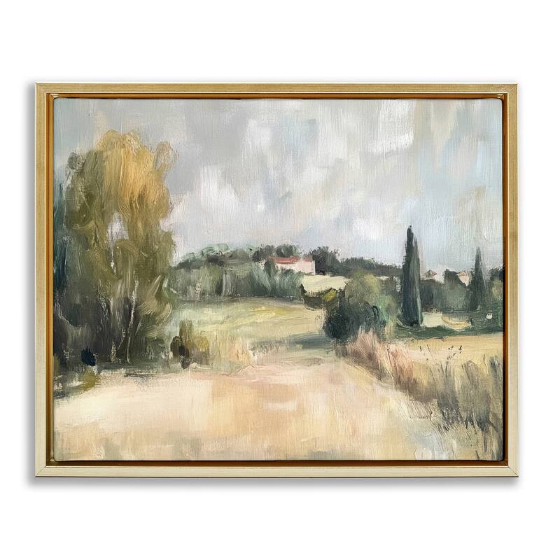 Stupell Hill Top House Landscape Framed Floater Canvas Wall Art Design By Petal Prints Design - 31 x 25 - Gold