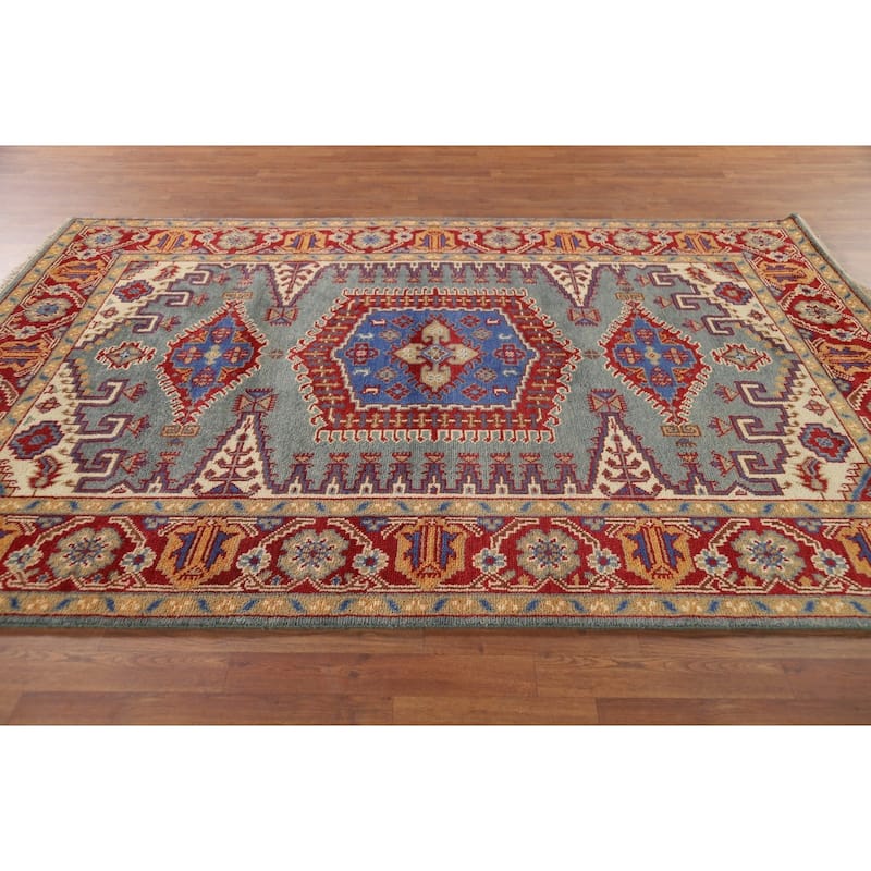 Geometric Heriz Serapi Indian Area Rug Hand-Knotted Blue Wool Carpet - 6'0" x 9'0"
