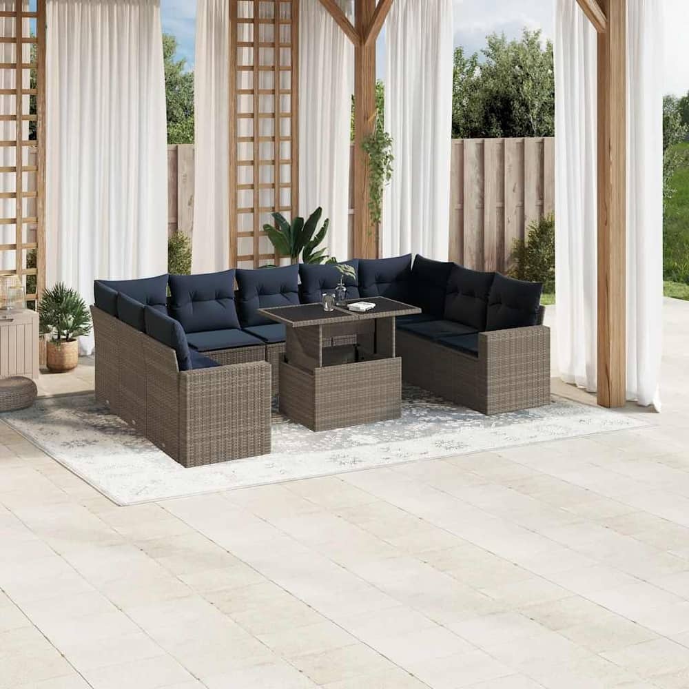 vidaXL 10 Piece Patio Sofa Set with Cushions Black/Brown/Gray Poly Rattan