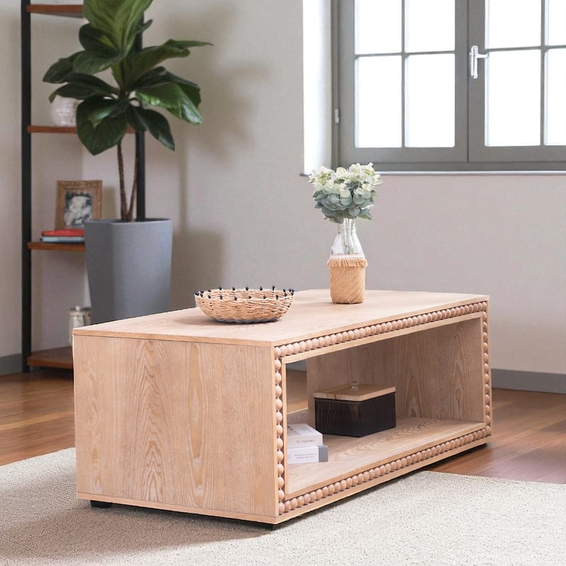 Rustic Beaded Edge Coffee Table 47.6" Rectangular Center Table with Open Storage Shelf Farmhouse Style