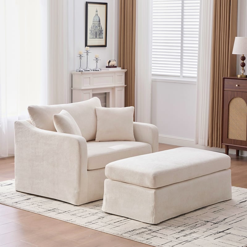 Morden Accent Chair with Ottoman, Chenille Living Room Side Chair, Single Sofa Armchair with Bolster Pillows