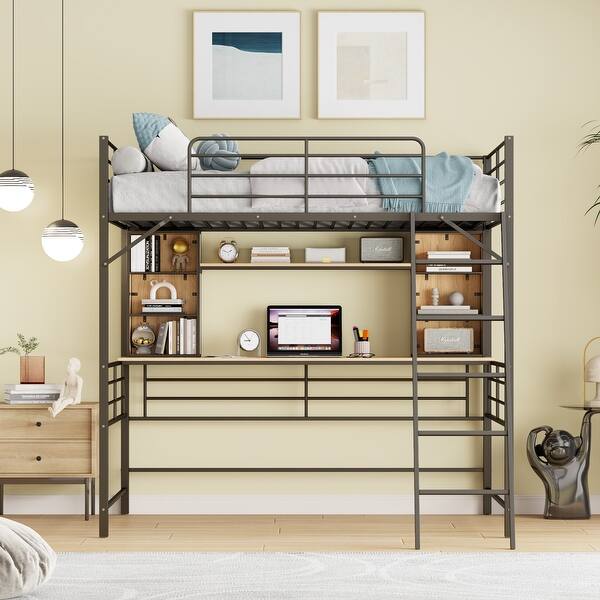 slide 2 of 11, Metal Loft Bed with All-in-one Cabinet Storage Shelf Underneath, Wooden Desk, Guardrails and Ladder, Black Full Loft Metal Bed Black - Full