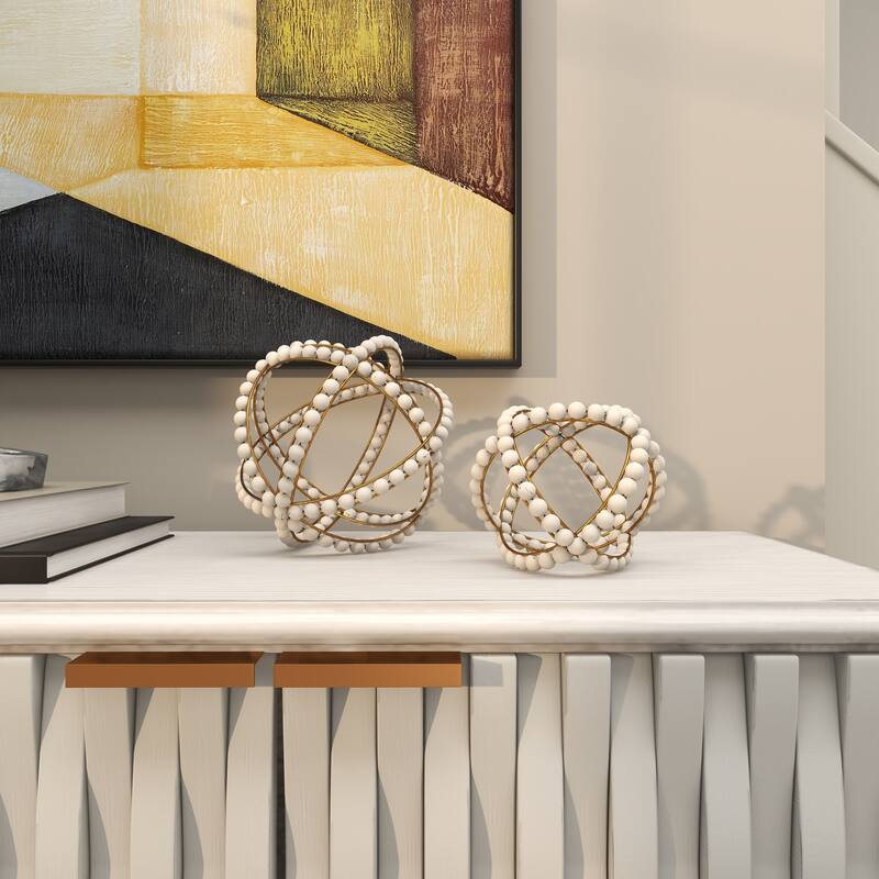 White Metal Handmade Beaded Geometric Decorative Sculpture (Set of 2)