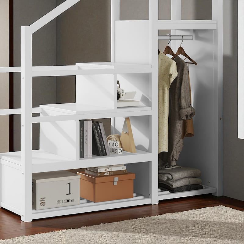 Full/Queen Metal Loft Bed with Stairs, Wardrobe, Mesh Shelf, White, 54.3 in Clearance, Guardrails, Kids Teens