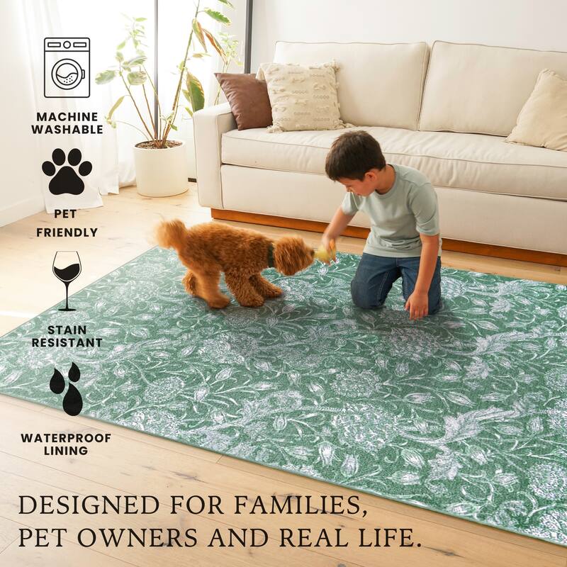 My Magic Carpet Kalini Floral Green Machine Washable Rug