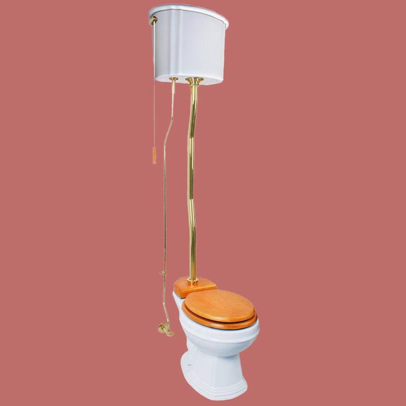 High Tank Toilet Round Bowl and White Ceramic Tank, Brass PVD Z Pipe