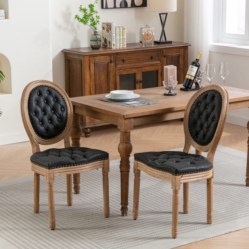 French Dining Chair Set of 2 Leather Upholstered Dining Chair Solid Wood Frame Oval Backrest Side Chair Without Arms