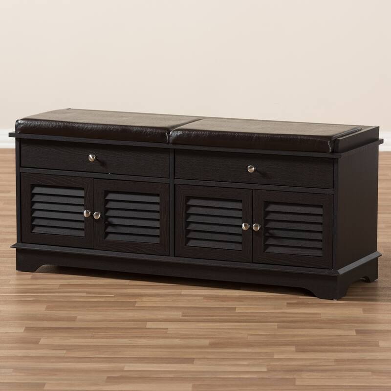 Leo Modern and Contemporary Dark Brown Wood 2-Drawer Shoe Storage Bench - 20.67" High x 47.44" Wide x 15.65" Deep