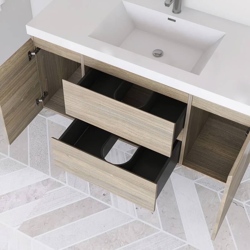 Modern Wall-Mounted Bathroom Vanity with White Solid Surface Top