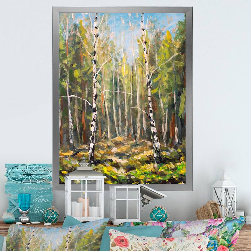 Designart "Green Forest Wood Landscape" Traditional Framed Wall Art - 16 In. Wide x 32 In. High - Silver