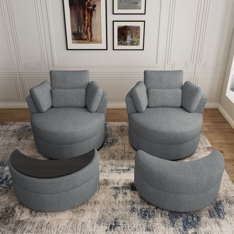 Upholstered Swivel Barrel Armchair with Storage Ottoman (Set of 2)