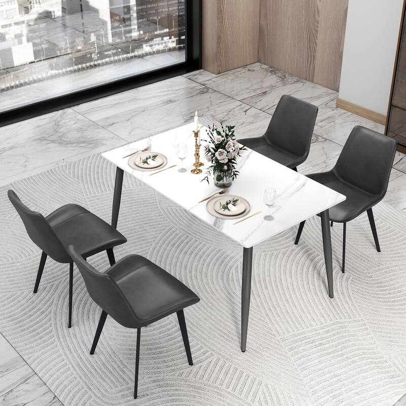 55" Rectangular White Kitchen Dining Room Table with Marble Tabletop and Metal Legs for 4 People - White