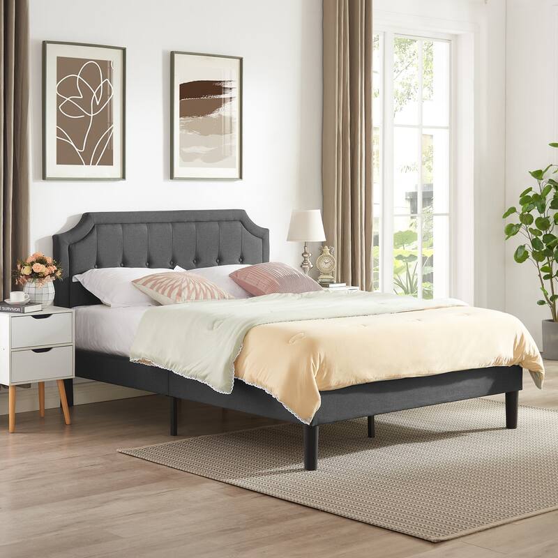 VECELO Upholstered Platform Bed Frame with Adjustable Headboard - Grey - Full