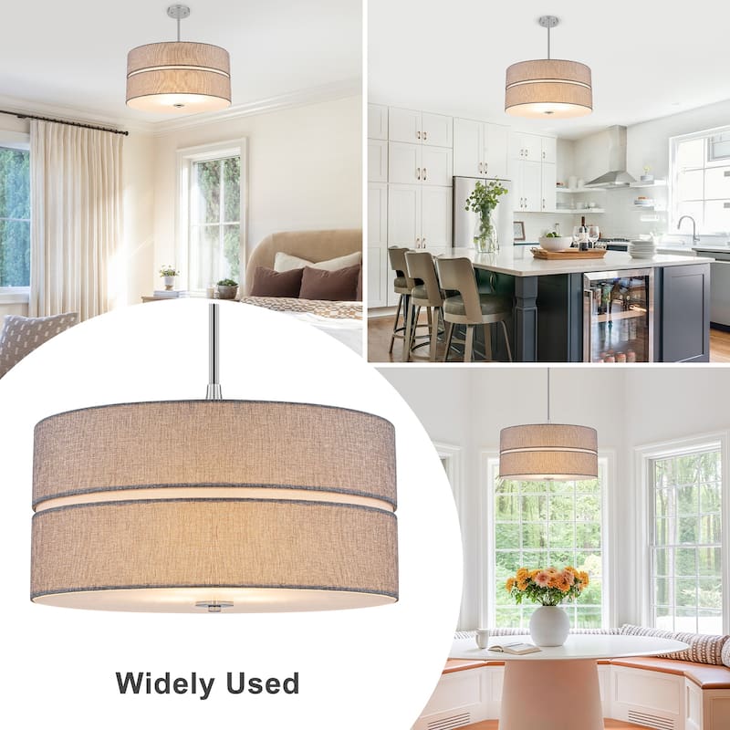 3-Light Chrome Drum Convertible Pendant or Flush Mount Light Fixture - Dia.19.69-in