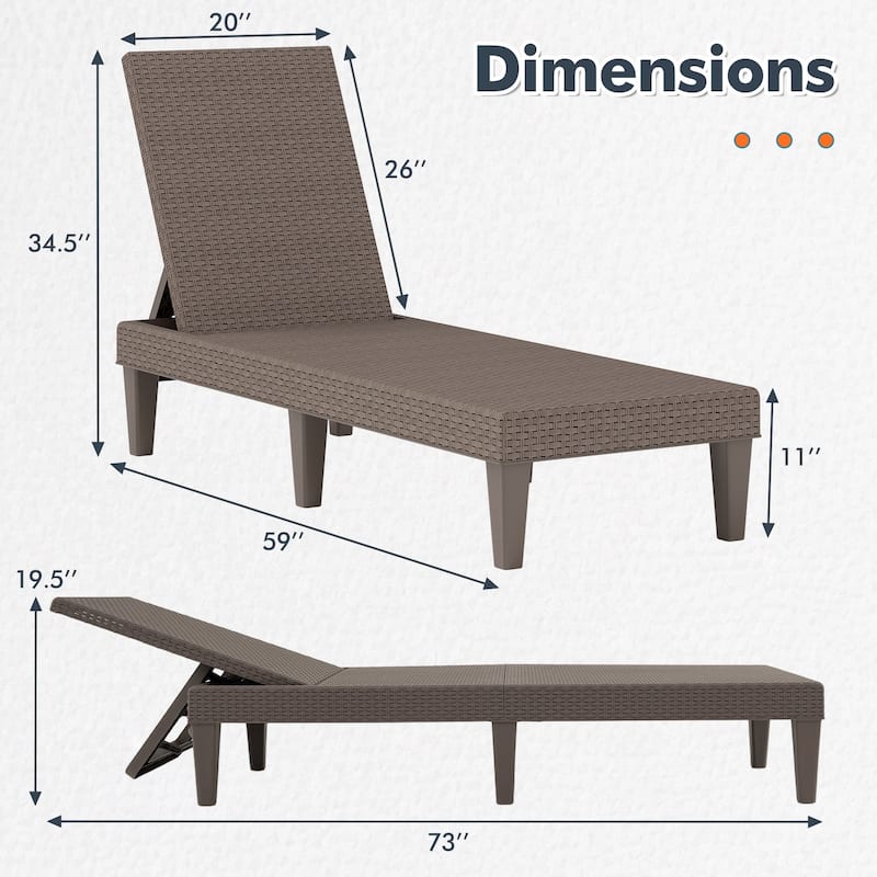 PP Chaise Lounge Adjustable, All-Weather, Rattan Style for Outdoors - 59"x 22.5" x 34.5" (L x W x H)