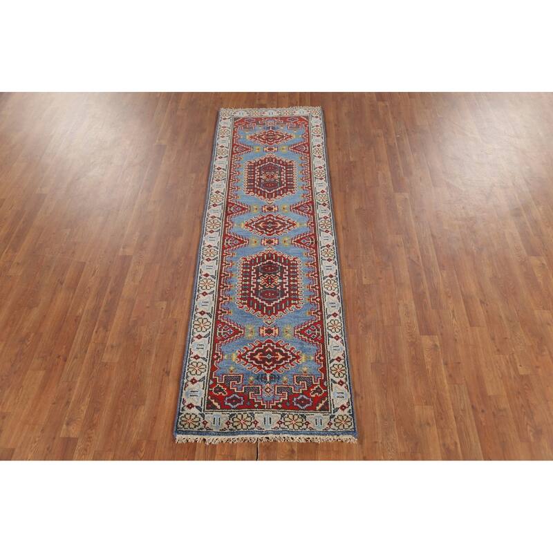 Light Blue Geometric Viss Oriental Runner Rug Hand-Knotted Wool Carpet - 2'6"x 7'9"