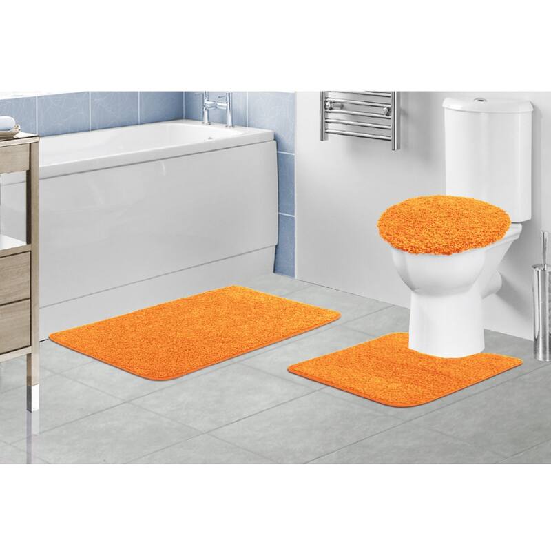 Layla 3 PC Shaggy Bathroom Rug Set, Bath Mat, Contour Rug, Lid Cover, Solid Colors