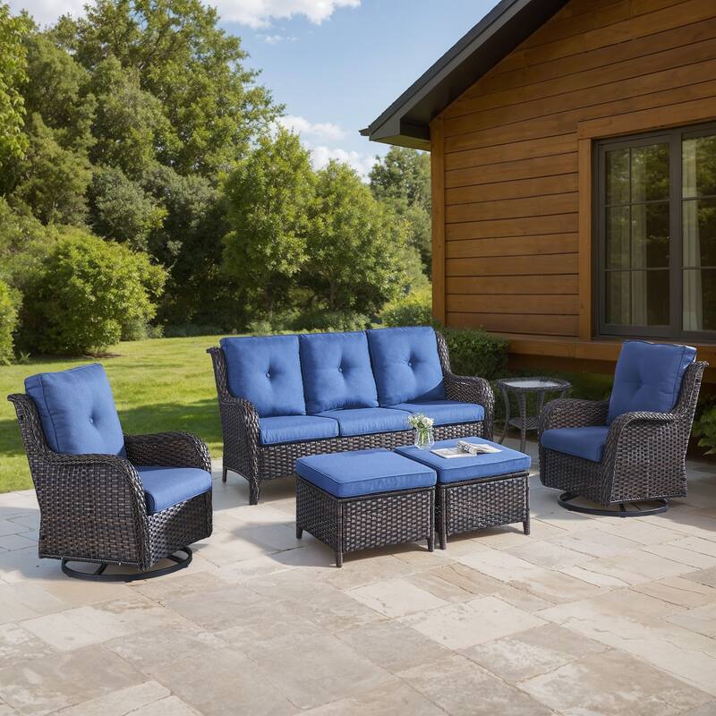 Gymojoy 6-Piece Outdoor Wicker Patio Set with Swivel Rockers, 3-Seater Sofa & Ottomans