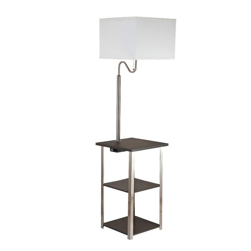 Silver Metal Tray Table Floor Lamp with USB, Outlet and Fabric Shade - 14” x 14” x 58” (D x W x H)