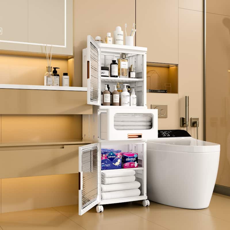 Javlergo White 5-Tier Tall Storage Cabinet with Wheels Adjustable Shelves Transparent Magnetic Doors & Drawer for Home