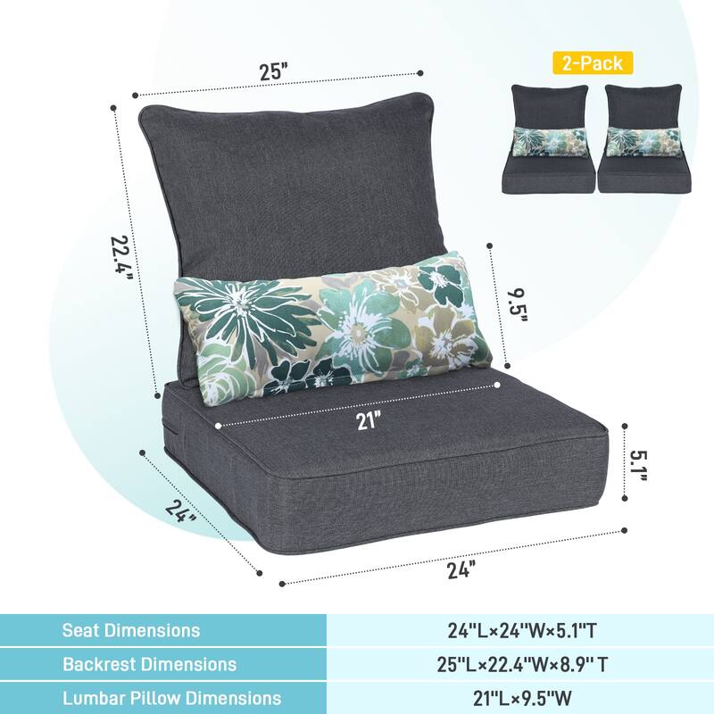 Aoodor Outdoor Deep Seat Chair Cushion Set (Set of 2 Seats, 2 Backs, 2 Pillows)