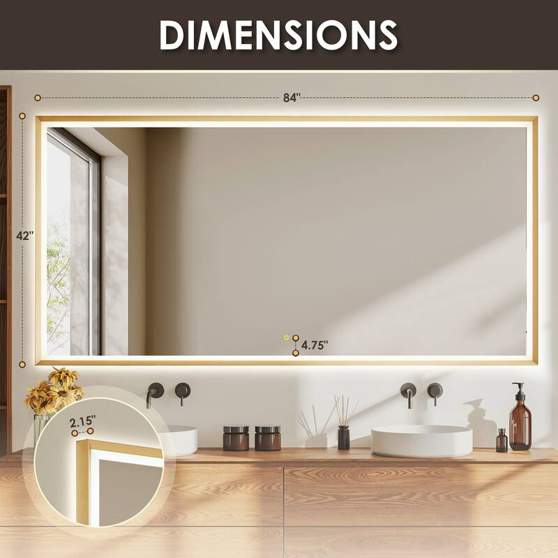 Apollo Rectangular Anti-Fog Dimmable Modern Bathroom/Vanity LED Lighted Wall Mirror in Brushed Gold Aluminum Framed