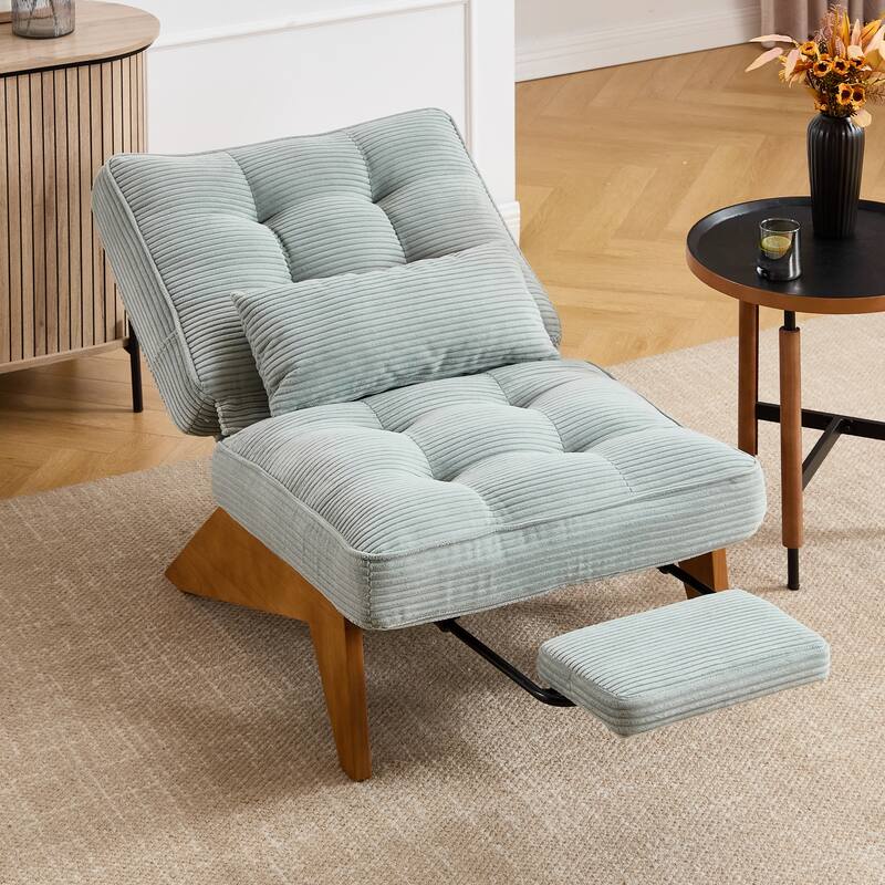 HOMEFUN Upholstered Modern Multi-Position Adjustable Wooden Base Lounge Chair with Footrest and Lumbar Pillow - Mint Green-Corduroy