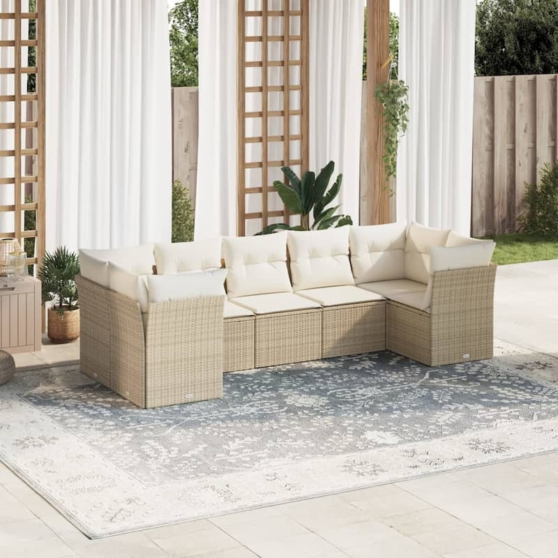 vidaXL Patio Sofa Set with Cushions Outdoor Furniture 7 Piece Poly Rattan - 24.4 x 24.4 x 27.2 - Beige and cream