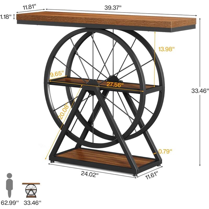 39.4" Console/Entryway Table, Industrial 3-Tier Sofa Table with Fixed Wheel Base - 39.37" L x 11.8" W x 33.46" H