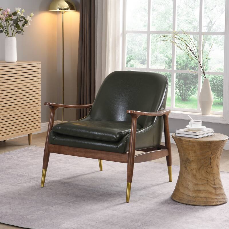 Roomfitters Mid-Century Faux Leather Accent Chair with Cushioned Seat, Solid Wood Frame and Brass-Tipped Legs - Green