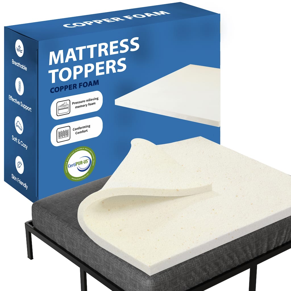 1", 2" & 3" Copper-Infused Memory Foam Mattress Toppers, Beige
