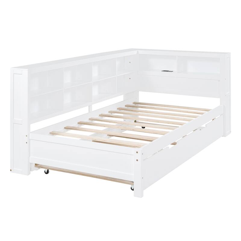 Wooden White Twin Size Daybed with Trundle Bed & Storage Shelf