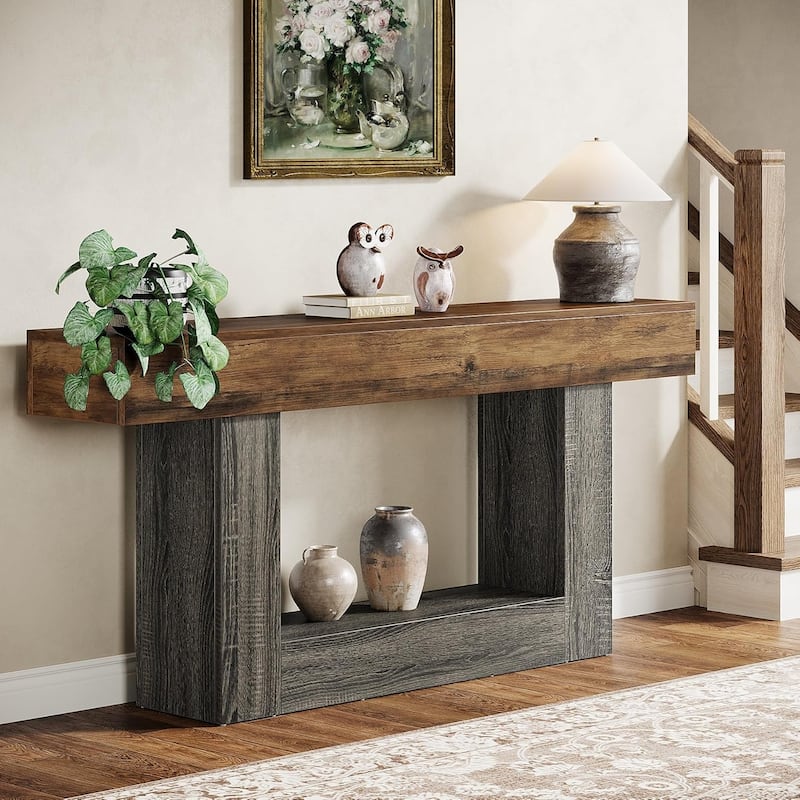 63" Long Console Table, Farmhouse 2-Tier Entryway Table with U-Shaped Base - 63" W x 11.8" D x 32.3" H