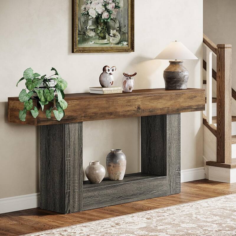 Farmhouse 2 Tiers Entryway Table, 63 Inches Console Table, Narrow Sofa Table - Vintage Brown & Gray