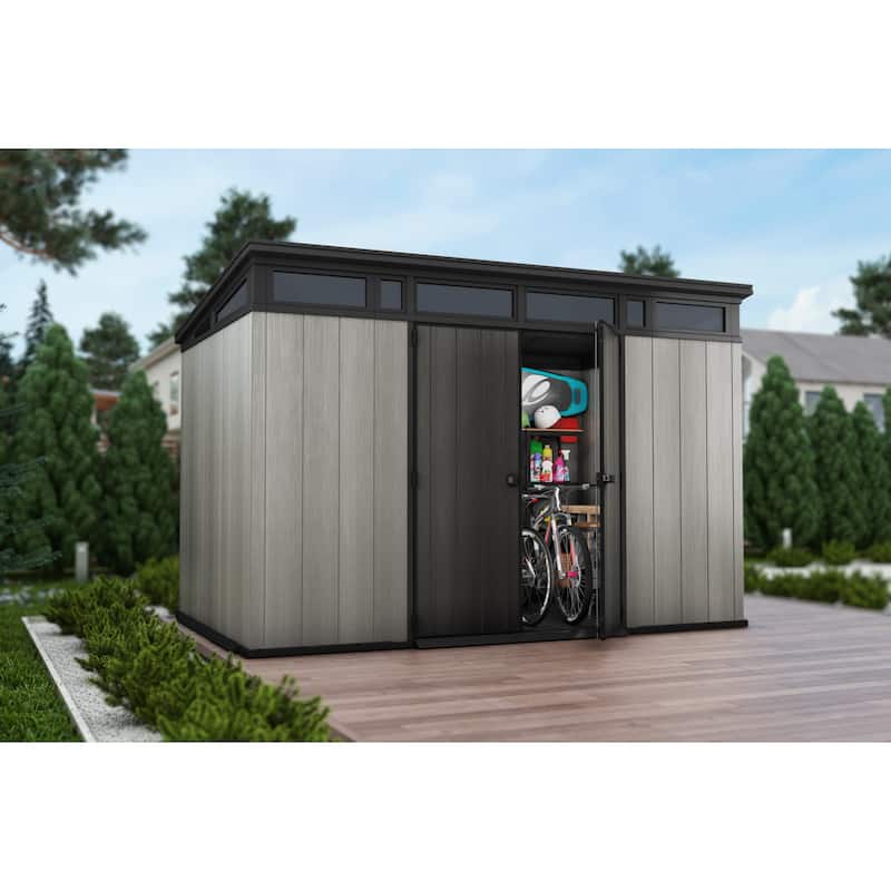 Keter Artisan 11x7 ft. Modern and Elegant Resin Outdoor Storage Shed With Floor for Patio Furniture and Tools, Grey
