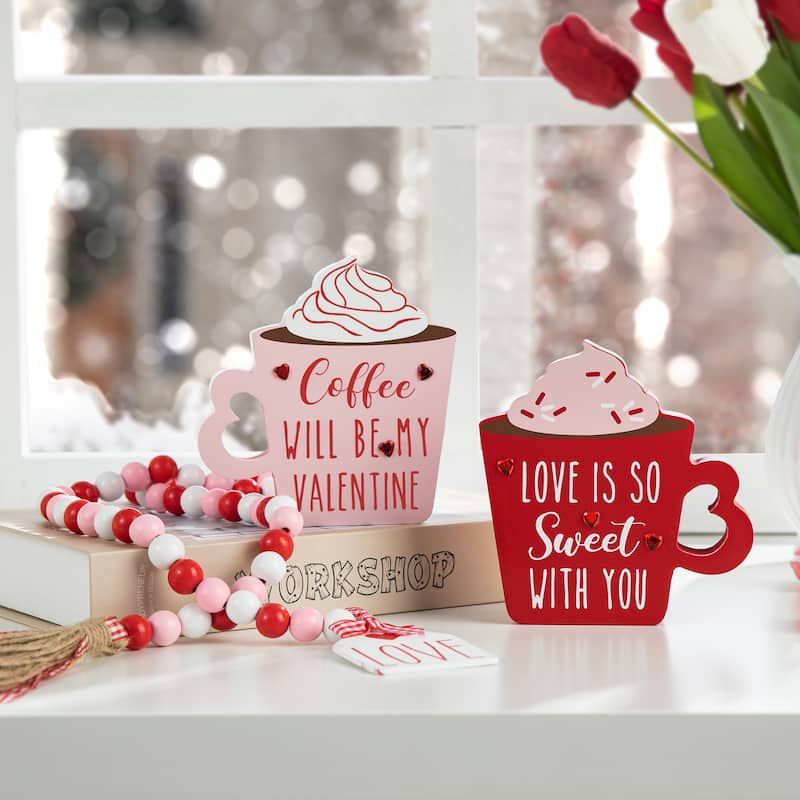 Glitzhome Set of 2 Wooden Valentine's Coffee Cup Table Decor