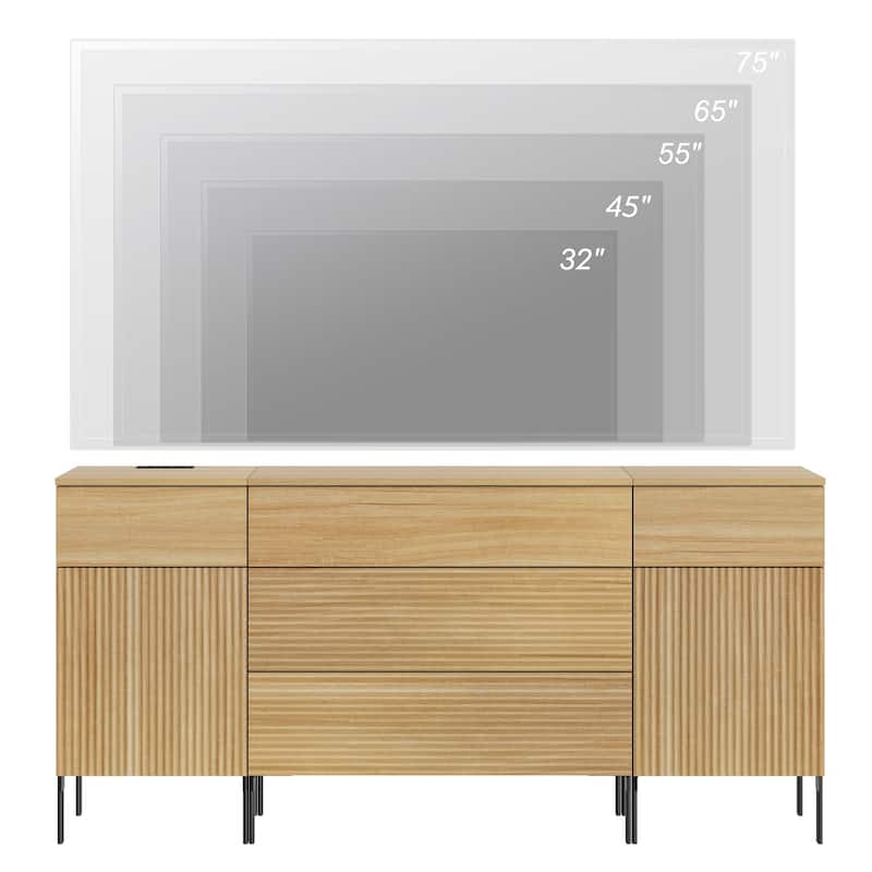 63" Modern Reeded Dresser TV Stand With Drawers, Entertainment Center With Charging Station