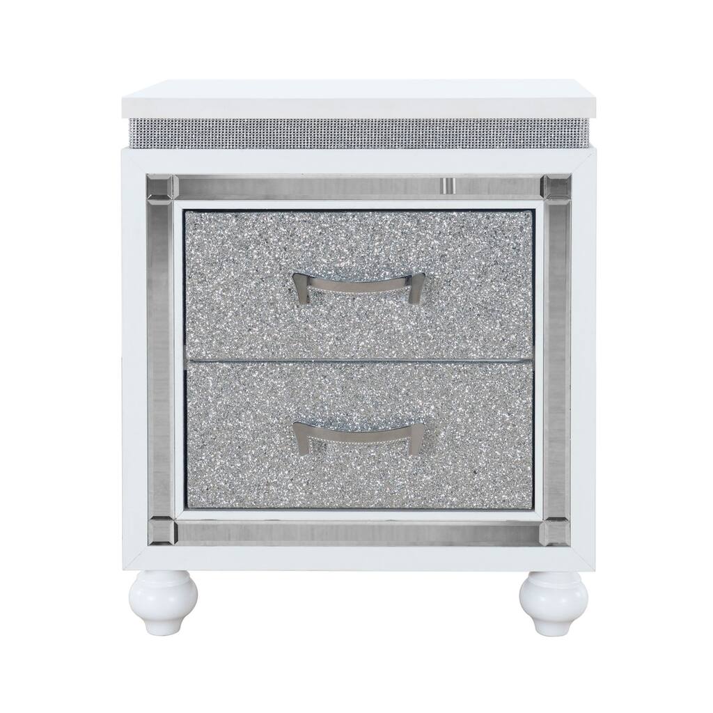 White Contemporary Nightstand with Crystal Drawer Fronts