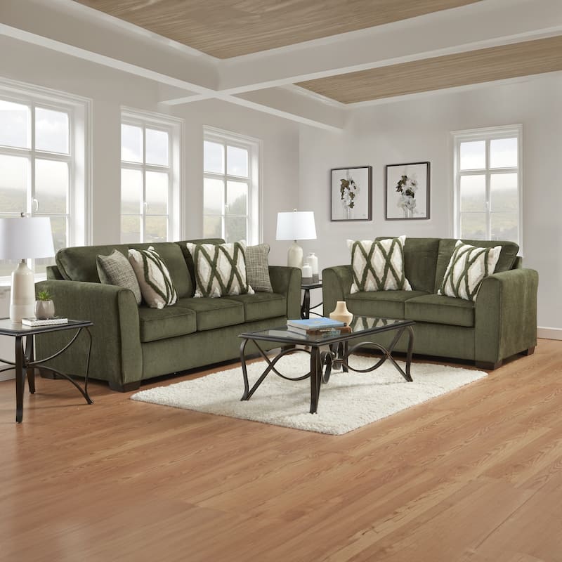 Roundhill Furniture Marvella Living Room Sofa and Loveseat Set with Mosswood Chenille Upholstery and Textured Accent Pillows