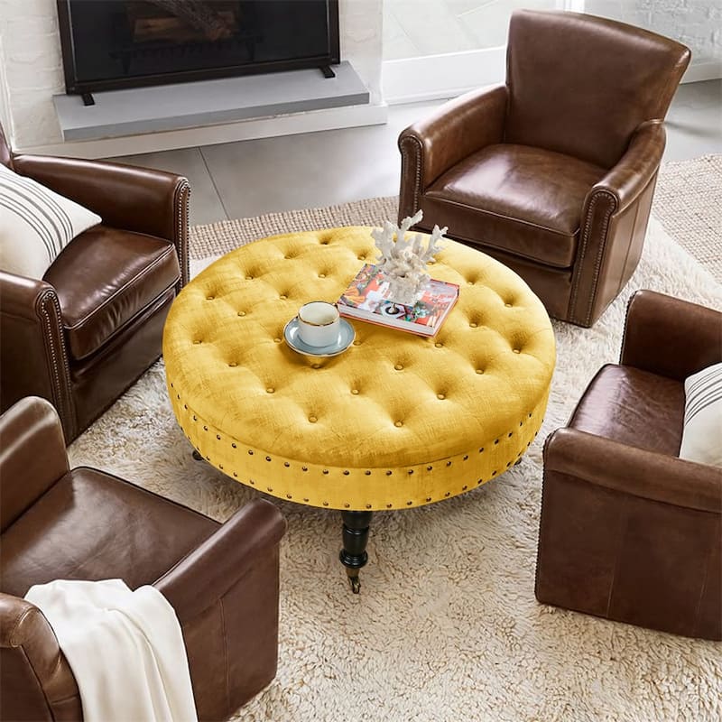 Round Velvet Tufted Coffee Table Ottoman, 34" x 34" x 17" H