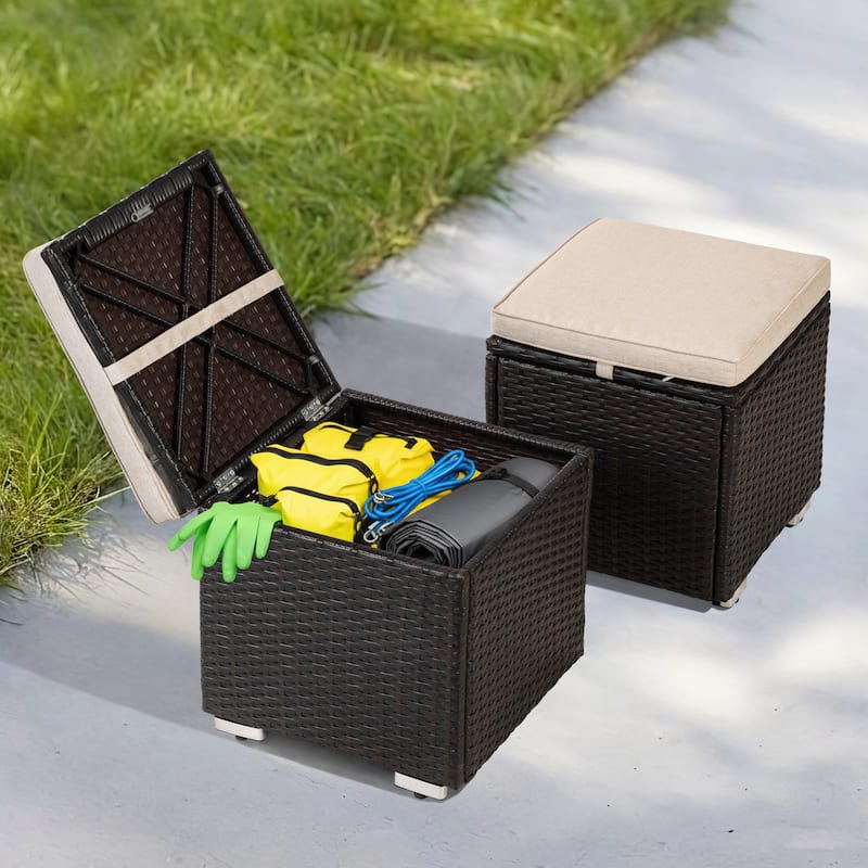 Patio 2-Piece Wicker Ottoman with Hidden Storage and Detachable Cushion