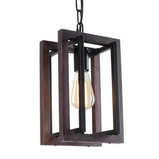 Anmytek Rustic Farmhouse Pendant Light Fixtures 1-Light Industrial Metal Wood Chandelier for Dining Room Kitchen Island