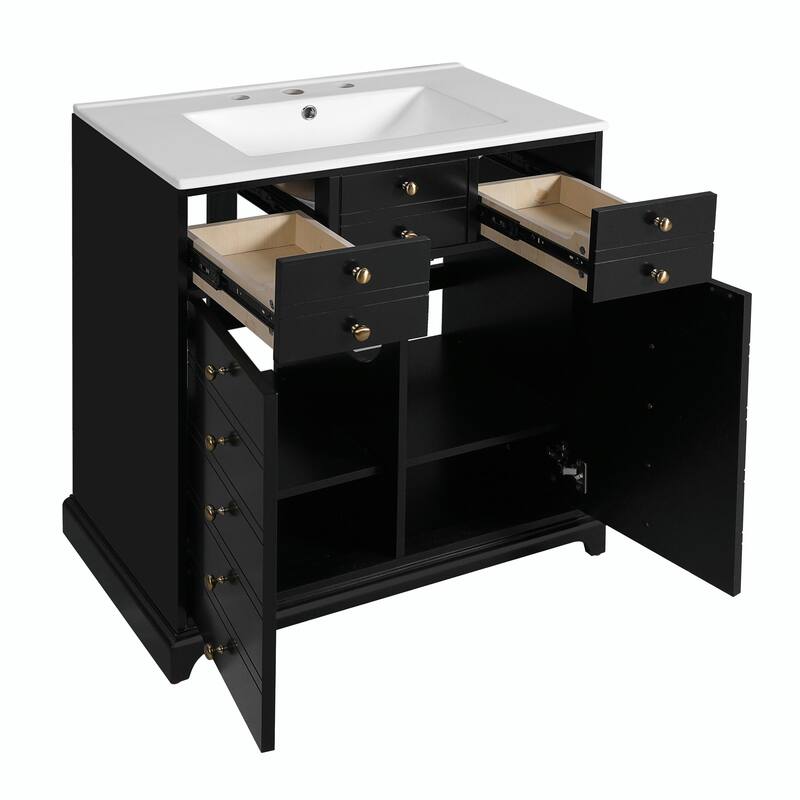 30'' Bathroom Vanity with Ceramic Sink Combo, Solid Wood Frame Bathroom Storage Cabinet