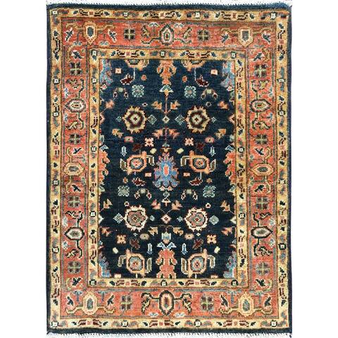 Shahbanu Rugs Navy Blue Hand Knotted Afghan Peshawar All Over Heriz Design Natural Dyes Densely Woven Wool Mat Rug (2' x 2'8")
