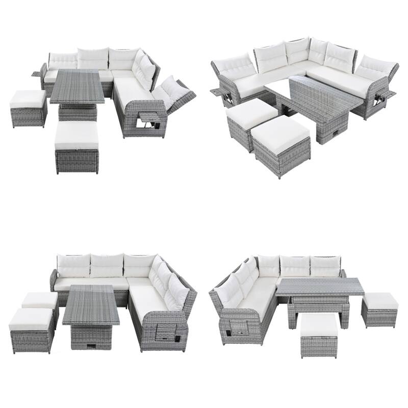 Outdoor Rattan Furniture Set with Extendable Table and Two Ottomans