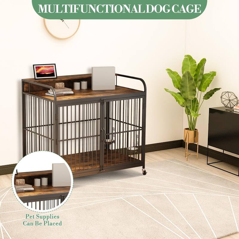 Dog Crate with Wheels, Adjustable Feeder, Storage Shelf, Table Top
